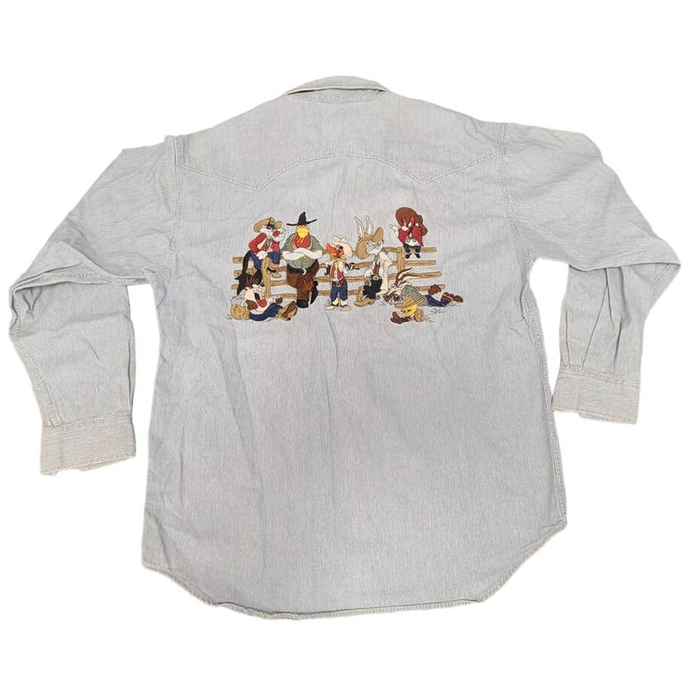 Vintage 1995 Warner Bros Looney Tunes blue/white striped button down Wild West